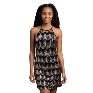 VTG 80’s Sequin Bodycon Party Statement Dress Sz 11 JR High Neck Disco Flashy